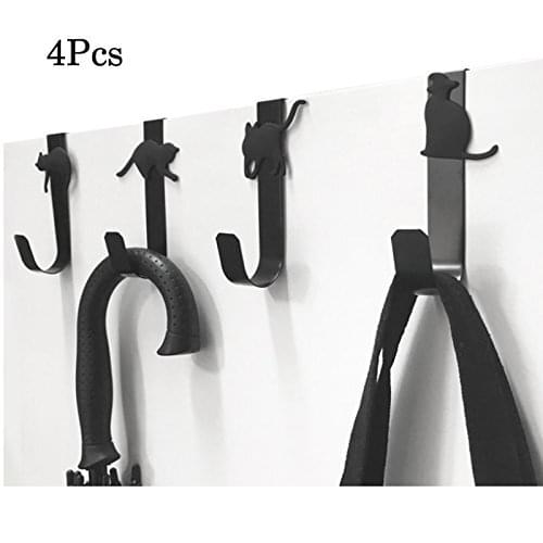 4 PCS Over Door Hook Cat Single Hook ,Decor Space Saving Organizer Rack ,Home ,Office, Closet Storage, Black cute kitten