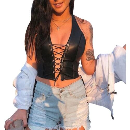 Female Tank Vest Clubwear 2020 Women Sexy Halter PU Vest Crop Tops Lace Up Backless Camisole Streetwear Club Wear Streetwear