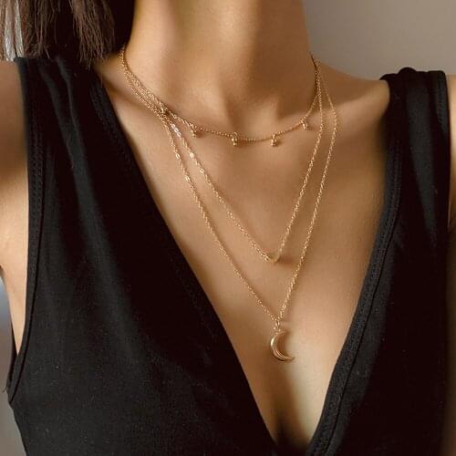 Fashion Dainty Layered Love Heart Pendant Necklace For Women Gold Silver Color Moon Beaded Choker Necklace Party Charm Jewelry