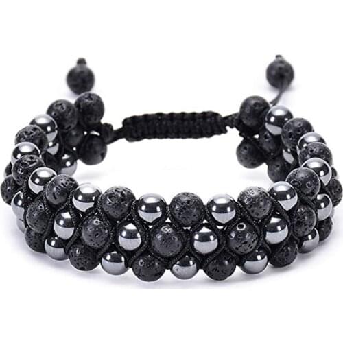 Men Women 8mm Black Matte Hematite Double Row Beaded Bracelet Adjustable Double Layer Handwoven Braided Bracelets For Best Gift