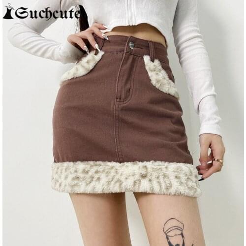 SUCHCUTE Brown Straight Skirt y2k Aesthetic Leopard Fur Patchwork Womens Demin Skirts Streetwear Gothic E girl Party Outfits