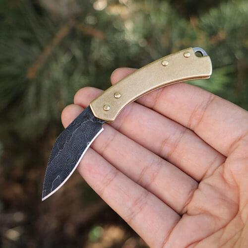 Damascus Folding Knife Brass Handle Small Curved Knife Portable Pocket Knife Outdoor Knife Sharp Out Of The Box Fruit Knife