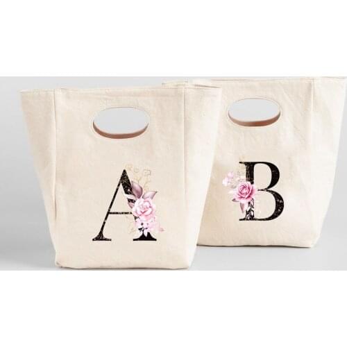 Pink Rose Flower Letters Printing Lunch Bags Women Office Canvas Cooler Pouch Harajuku Portable Thermal Tote Travel Picnic Bag