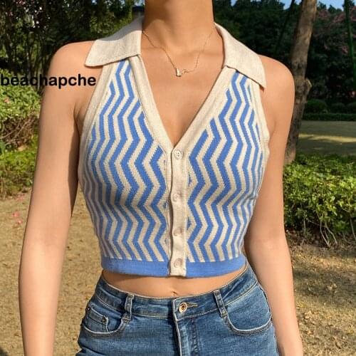 Beachapche Halter Sleeveless Knitted Crop Top Women Sexy Backless Y2K Tank Top Autumn Print V Neck Vest Ladies Button Knitwear