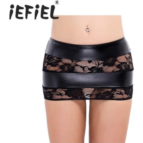 Fashion Female Women Ladies Faux Leather and Lace Splice Striped Bodycon Skirt Party Nightwear Clubwear Costumes Lace Skirt