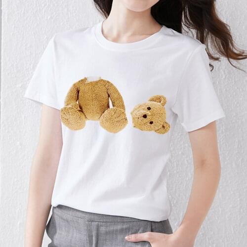 Womens Summer T-shirt Street Cartoon Cute Teddy Bear Print Top T-shirt Plus Size Fashion Casual Slim Short-sleeved Ladies Top