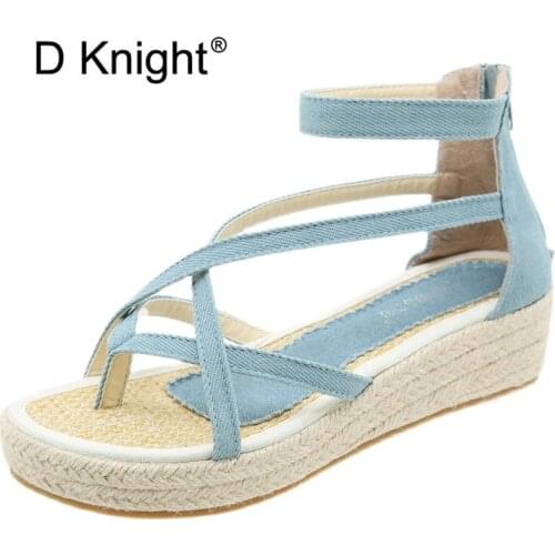 New Denim Summer Flip Flops Platform Womens High Heels Retro Linen Woven Wedges Roman Ankle Strap Gladiator Sandals For Women