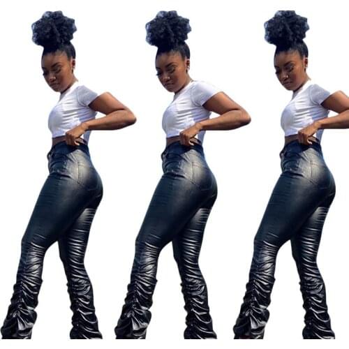 Women Classic Black Color PU Leather Stacked Leggings Pants High Waist Zipper Slit Flare Skinny Trousers Draped Ruched Pants