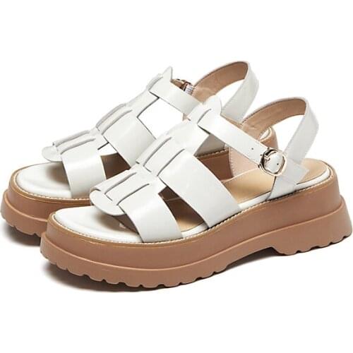 EGTPINAOP Womens Summer Sandals Leather Sheepskin Roman Style Thick-Soled Height Increase Shoes Rubber Sole Casual Outer Wear