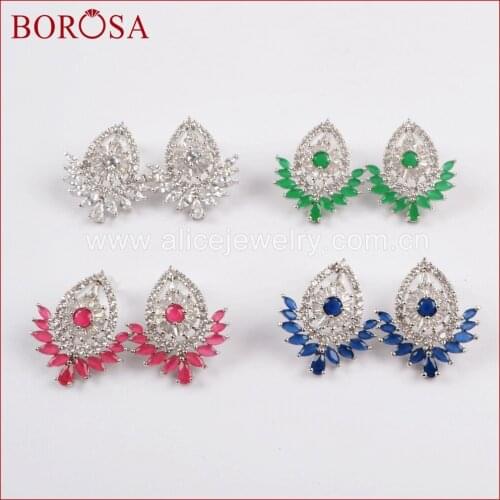 BOROSA Silver Color Drop CZ Micro Pave White Zircon Rainbow Crystal Fashion Earrings Sparkling Gems Stud Earrings Jewelry WX794