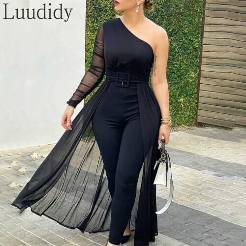 Women Jumpsuit Black Mesh Patchwork Long Sleeve High Waist Elegant Office Ladies Work Wear Female Slim Overall