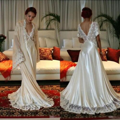 Women Ladies Sexy Night Dress Two Pieces Long Sleeve Nightgown Nightdress Lace Silk Sleepwear Nightwear For Bridal Boudoir Dress