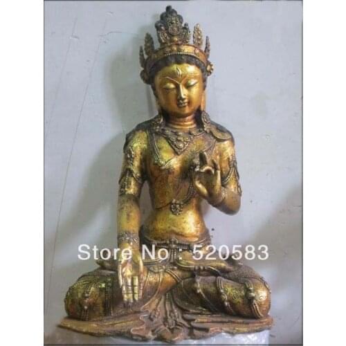 19"Tibet White TaRa Bronze Gild Guan Yin Queen Buddha Avalokitesvara Statue 47cm