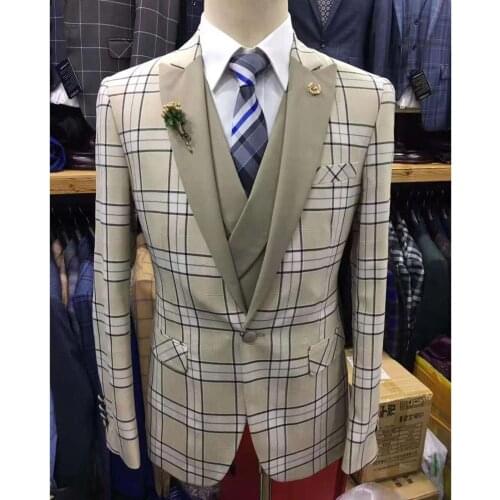 2020 Beige Plaid Suit Men 3 Pieces Slim Fit Wedding Suits for Men Formal Business Men Blazer Groom Tuxedo Jacket Vest Pants Set