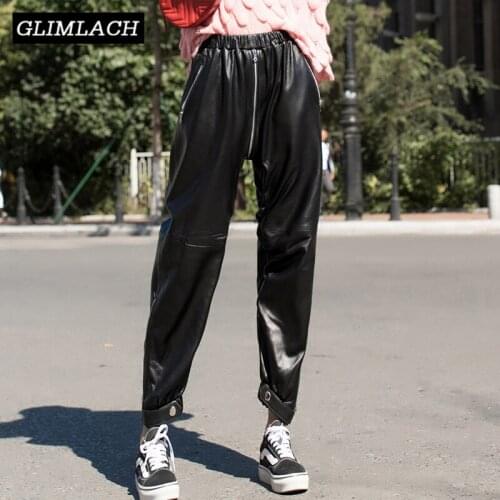 2019 New Zipper Hip Hop Harem Pants Real Sheepskin Leather Trousers Women Casual Streetwear Ladies Loose Genuine Leather Pant