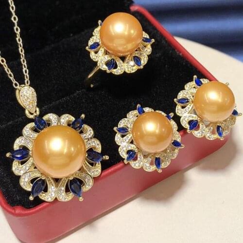 D605 Pearl Set Fine Jewelry Round 9-12mm Zircons Nature Fresh Water Golden Pearls Jewelry Sets for Women Presents