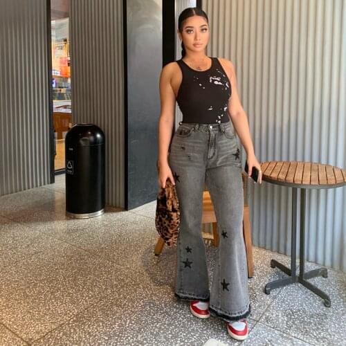 2-Color Star Leather Embroidered Heavy Washed High-Waisted Trousers And Flared Hip Denim Pants