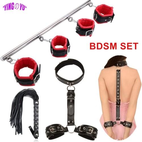 Erotic Sex Toys For Couples Sexy Woman Men BDSM Bondage Set Handcuffs Neck Collar Leather Whip Adult Games Slave Sex Accessories