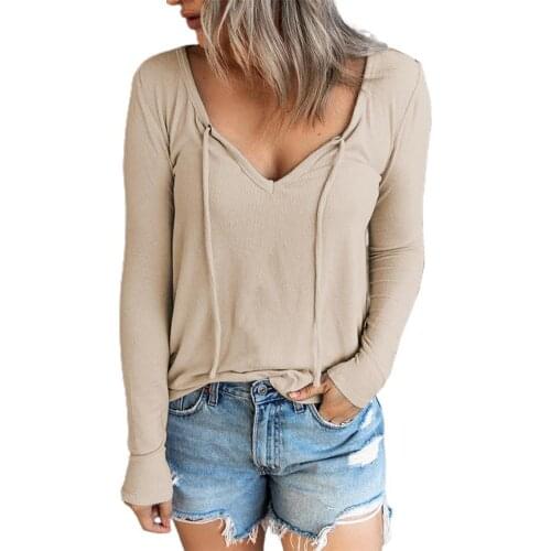 Women T-shirt Solid Color V Neck Long Sleeve Front Lace Up Pullover Slim Top Fashion Casual Streetwear Streetwear Autumn