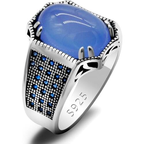 Natural stone ring 925 sterling silver blue agate stone vice stone blue zircon antique hold lucky ring womens mens Turkis