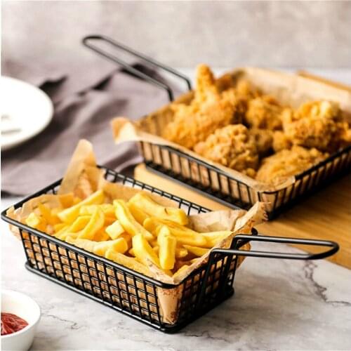 French Fries Fast Food Baskets Organizer Metal Frying Net Square Block Food Tray Storage Box Bread Hamburger Holder Stand Basket
