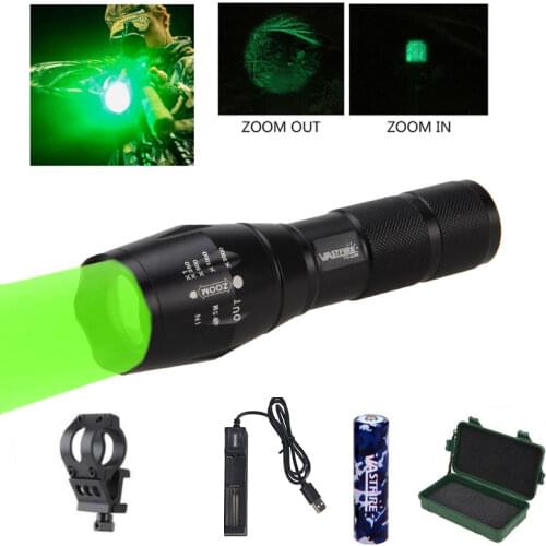 Zoomable Hunting Light Tactical Green/Red Flashlight 5000 Lumens Torch+Scope Mount+Remote Switch+18650 Battery+USB Charger+Box