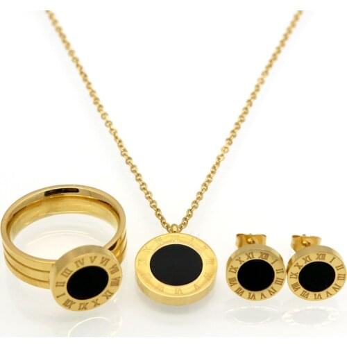 Fashion Women Brand Jewelry Roman Letter Gold Color Stainless Steel Pearl Shell Wedding Jewelry Sets Necklace+Earrings+Ring