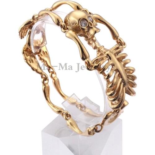 Skull Jewelry Gold Stainless Steel Zircon Eyes Skeleton Bone Biker Mens Bracelet