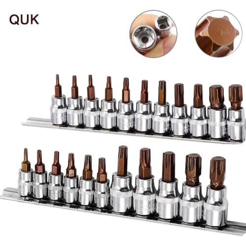 QUK 11Pcs Hexagonal Screwdriver Bit Set Torx Star 1/4 3/8 Screwdriver Bit Tamper Proof Bit Socket Set Automotive Repair Tool