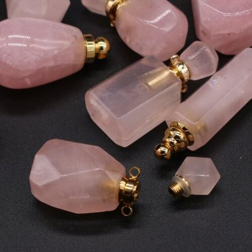 Natural Gem Stone Perfume Bottle Pendant Rose Pink Quartz Essential Oil Diffuser Connector For Jewelry Making DIY Necklace Gift