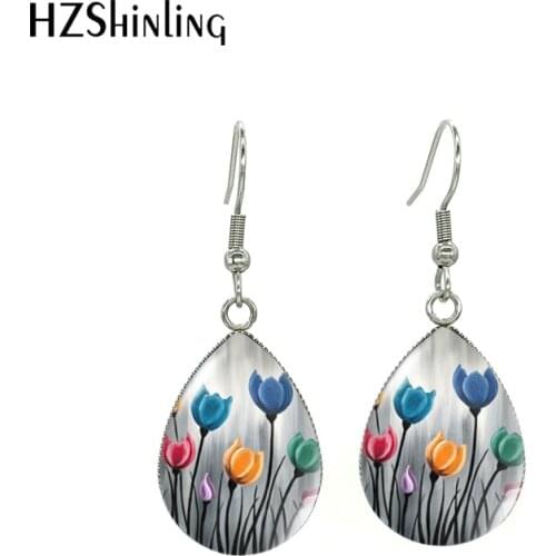 New Arrival Tulip Painting Cute Beauty Blue Red Purple Flowers Tear Drops Fish Hook Dangle Earrings Handmade Jewelry Earrings