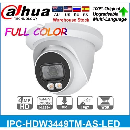 Dahua Original IPC-HDW3449TM-AS-LED 4MP Full-color H.265+ Built-in MIC and Warm LED SD Card Slot IP67 PoE Network Camera