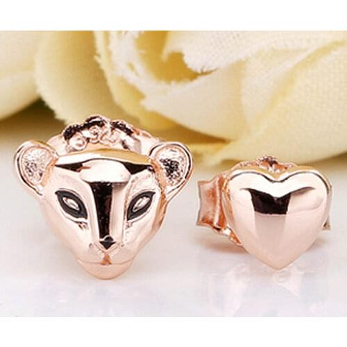 Original Rose Lioness And Heart Earring Studs With Black Enamel For Women 925 Sterling Silver Earring Wedding Gift DIY Jewelry