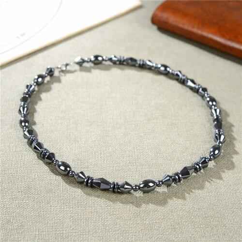 Men Black Hematite Necklace Natural Stone Beads Therapy Care Stainless Steel Necklaces Korean Fashion Collar Hombre 18inch Y963