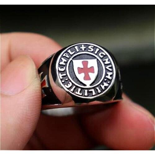 Fashion Personality Red Armor Shield Knight Templar Crusader Cross Ring for Men Medieval Signet Retro Vintage
