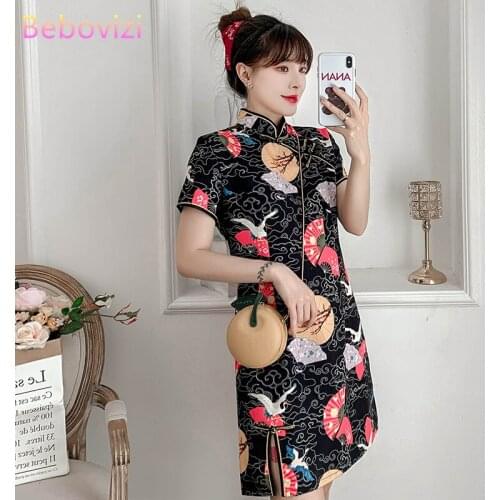 Crane Elegant Summer Casual Party Carnival Fashion Modern Cheongsam Dress Women Short Sleeve Qipao Traditional Chinese Clothes