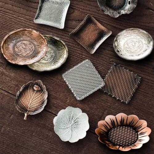 Vintage Alloy Tea Coaster Cup Holder Insulation Antique Copper Kung Fu Tea Tray Cup Mat Coffee Pad Placemats Teaware Accessories