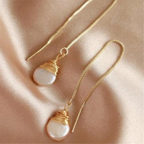 14-16mm White Baroque Pearl Earrings Gold Ear Drop Dangle Women Earbob Fashion Real Gift Irregular Mesmerizing Natural Classic