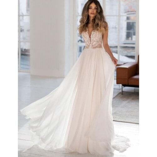Vestidos Charming Wedding Dresses Chiffon Appliques Pleat V-Neck Sleeveless Covered Button A-Line Bridal Gowns
