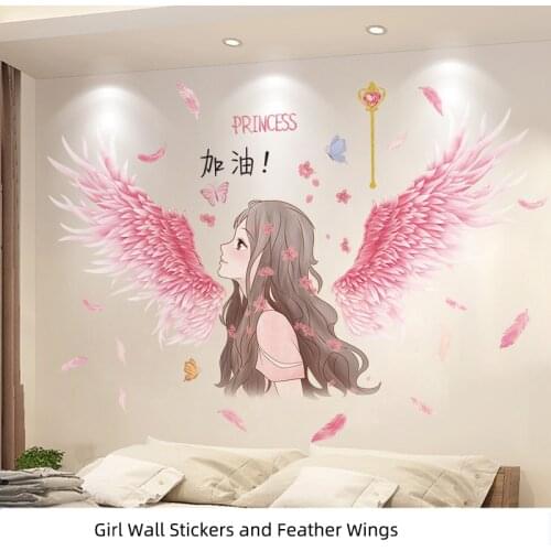 [SHIJUEHEZI] Cartoon Girl Wall Stickers DIY Feather Wings Mural Decals for Kids Room Baby Bedroom Nursery House Decoration