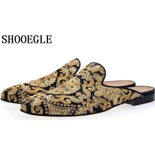 SHOOEGLE Men Luxury Black Handmade Golden Embroidery Mules Shoes Fashion Slippers Men Slip On Male Shoes Chaussure Homme