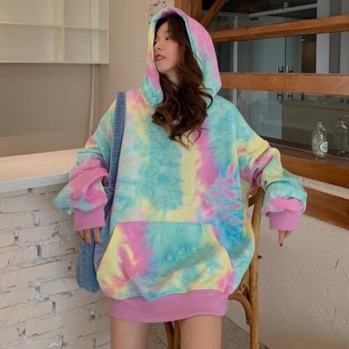 Korean Style Tie Dye Hoodie Harajuku Women Oversized Sweatshirts Cotton Loose Velvet Tops for Girl Flannel Pullover Warm Female