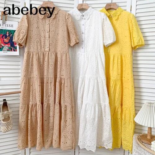 Vintage turn-down collar Short Sleeve Dress Embroidery Crochet hollow out single breasted loose A-line Dress 2021 New Summer