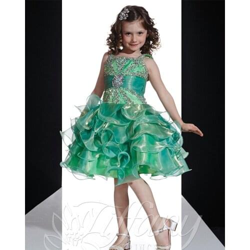 Green Ruffled Princess Girls Pageant Dresses 2020 Cute Tutu Little Girls Evening Gowns Organza Toddler Glitz Pageant Dresses