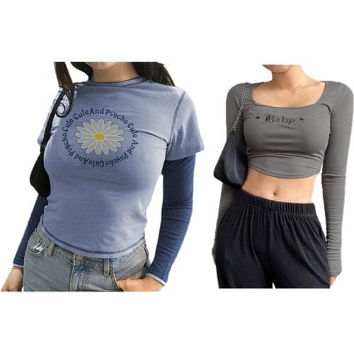 Hot Kf-2PCS Girly Daisy Print Shirt Blue S With Letter Embroidery Knitted Crop Top Long Sleeve Basic Pullovers T Shirt S