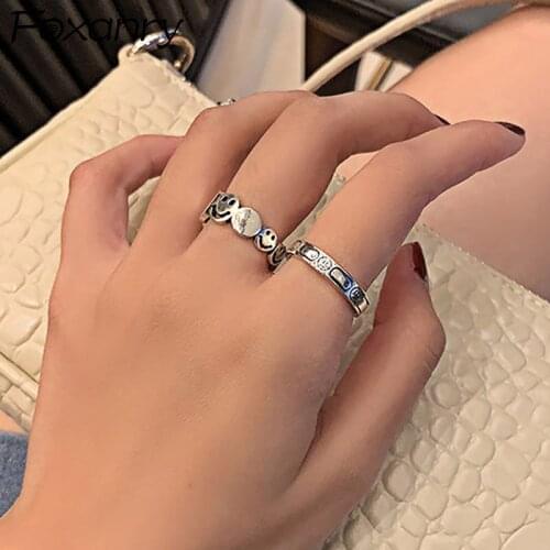 Foxanry Real 925 Sterling Silver Width Rings for Women New Trendy Vintage Punk Smiley Face Wedding Party Bride Jewelry Gifts
