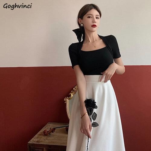 Women Sets Vintage Square Collar Solid Short Sleeve Crop Tops A-line Elegant Knee-length Skirts Temperament Female British Style