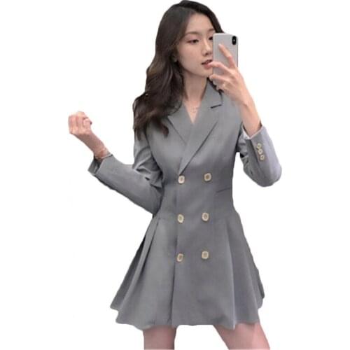 New 2021 Spring Autumn Blazer Jackets Korean Double-breasted Nine points sleeve Suit Dress For Women Coats Outerwear V1066