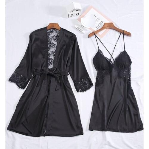 Lace Trim Ladies 2PCS Nighty Suit Sexy Backless Faux Silk Bathrobe Spring New Sleepwear Temptation V-Neck Hollow out Night Dress