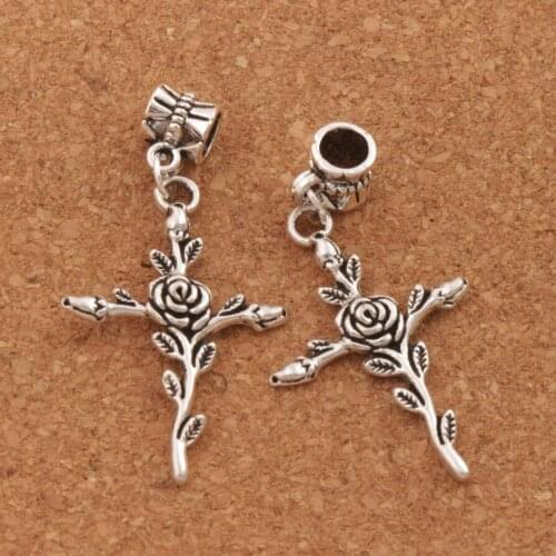 16pcs Vintage Rose Flower Cross Charm Beads Tibetan Silver Dangle Fit European Bracelets Jewelry B440 23.5x45.7mm